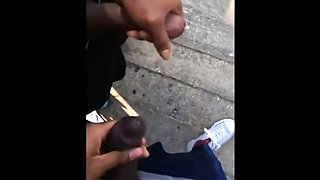 Black amateurs stroke big cocks outdoors