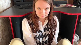 Stepdaughter Prevents Stepfather Play a Computer Game. but She Sucks Dick Well with a Swallow Part 1