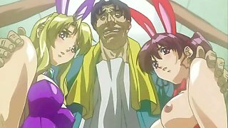 Sexual hentai girls touching a fatty dudes body with lust