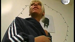 Stockinged blonde gets cum in mouth after fucking and pussy toying