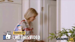 Shame4k. college girl visits mature dark haired Lady And bands her on the white couch