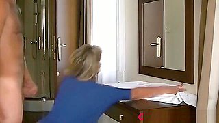 Young Step mom fucks Step son&#039;s big friend in the bathroom