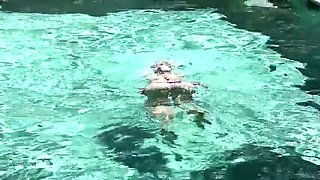 Swimming in Lesbo Blonde Neighbors Pool Like Mermaid