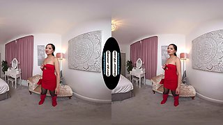 Louisa Lu Red Party Dress With Black Crotchless Legwear & Red Boots Joi Treat - 8k Vr