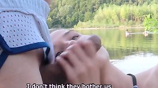 Big-Titted Babe Blows a Nerd on the Beach