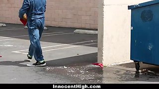 Innocenthigh - thin cheerleader (Olivia Lua) bound up and fucked by janitor