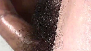 Side View of Really Close up Handjob to His Big Veiny Cock N' Big Hairy Bush.cumshot on Her Hands N' Cum Dripping From Her Nails