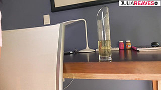 Hot girl finger fucks herself till she pisses on a glass