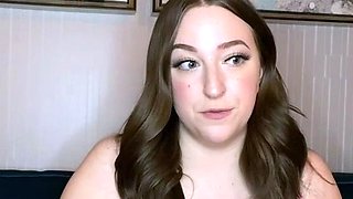 Busty curly brunette with big boobs fucks on couch