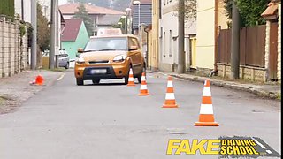Fake Driving School threesome with spoilt teen in the mean orange machine