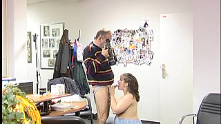 Pregnant brunette blowing old pals dick