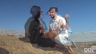 Busty Black Bombshell Swallows Dudes Big Cock On The Beach With Noe Milk