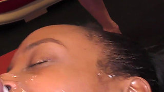 Curvy Ebony Gets Her Face and Mouth Sprayed with Cum