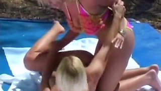 Hot Blonde French Lesbians Sharing Dildos In Outdoor Action