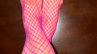 Really Sexy Legs with Tiny Feet with Long Toes in Pink Fishnet Stocking