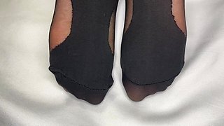 Ebony Girl Shows off Her French Pedicure in Her Black Nylons & Does Removal to Show Her Feet