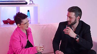 Beautiful brunette Alice Rose in hot stockings and thong gives a great blowjob