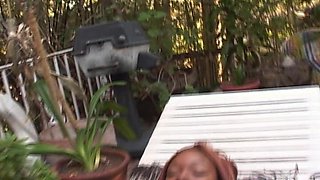 Busty Ebony Pounds Her Girlfriend Tight Pussy with a Big Strapon Outdoor
