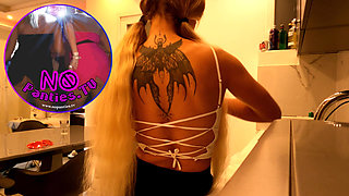 Super Hot Sexy Long Legs Blonde Takes off Her Panties to Show Her Tight Pussy Under Her Mini Skirt