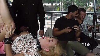 Public submissive sucking and dickriding while voyeurs watch