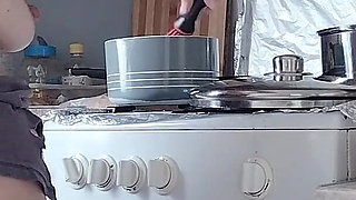 Sexy Naked Wife Preparing Food in the Kitchen. Hairy Brunette, Big Ass, Big Tits.