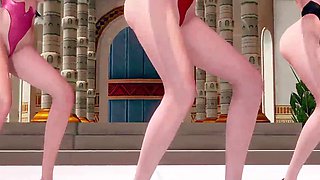 Steamy 3d-animated anime teens from Evangelion strip dance in trio