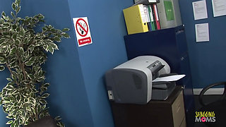 Brunette secretary fucks with her bald boss in the office