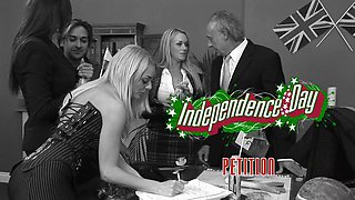 Two ladies in stockings fuck some dudes on an office desk