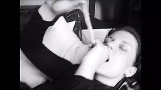 Redhead BBW Wife Swallows Cum from Condom in Hot Fishnet Dress
