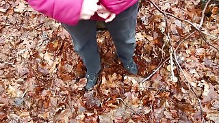 Naked woman in the woods - pussy and tits pounded