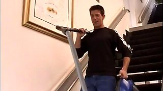 Redhead babe sucks cock and gets ass fucked by janitor