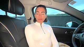 Slim Latina in tight mini allows stepbro to finger her in the car