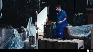 Loader freezes Asian client and has his way with her orally and doggy-style