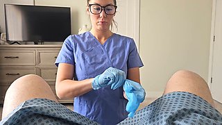 Gloved nurse gives prostate exam and keeps going with a handjob until he releases