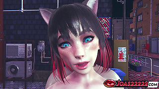 Busty Catgirl with Blue Eyes and Kitty Ears - 3D Hentai Featuring Double Blowjob, Hardcore Lifting Missionary Double Penetration