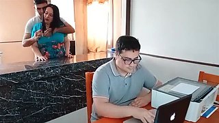 BBW Kelly Mom Hard Fuck With Stepson In Kitchen While Cuckold Husband Works