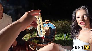 HUNT4K. Hot Czech teen Chloe Heart jumped on a huge hunters cock outdoors in front of her BF