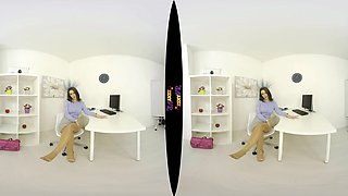 Leggy Brunette - Busty British Brunette Solo Striptease In The Office