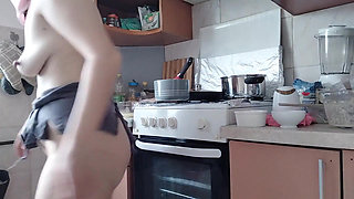 Sexy Naked Wife Preparing Food in the Kitchen. Hairy Brunette, Big Ass, Big Tits.