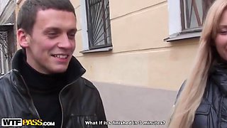 Blonde goes for risky outdoor blowjob
