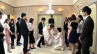 Slutty Japanese bride in lingerie indulges in wild group sex