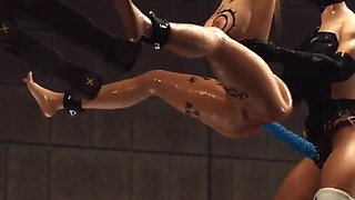 A sexy cuffed young blonde gets fucked hard by a hardcore muscular woman with a strapon