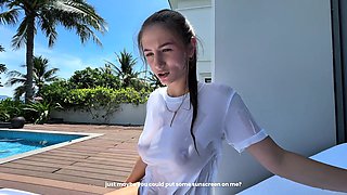 young lovers rent the whole hotel with pool to have sex in different poses and places