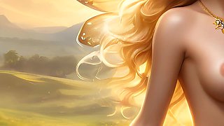 Beautiful Big Breasted Nude Elf Girl with Golden Flower Blooms