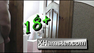 Naked woman sexy blonde in bathroom. Man roommate in short T shirt this watches, masturbate cock and cum. Cumshot. Old and young