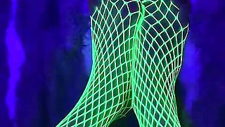 Tiny Asian Feet with long toes in green neon fishnet