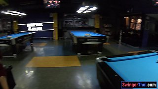 Curvy bottom Thai GF plays pool and blowjobs