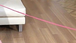 Mistress Places a Clothespin with a Bell on the Slave's Dick and Plays with It by Tying a Rope to It and Pulling It.