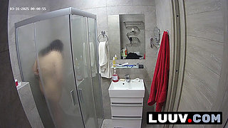 LUUV. A brunette showers, used to amateur cameras, showing her natural body