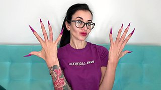 Finger Snapping, Long Fingers with New Purple Color Long Nails, Sharp Stilettos